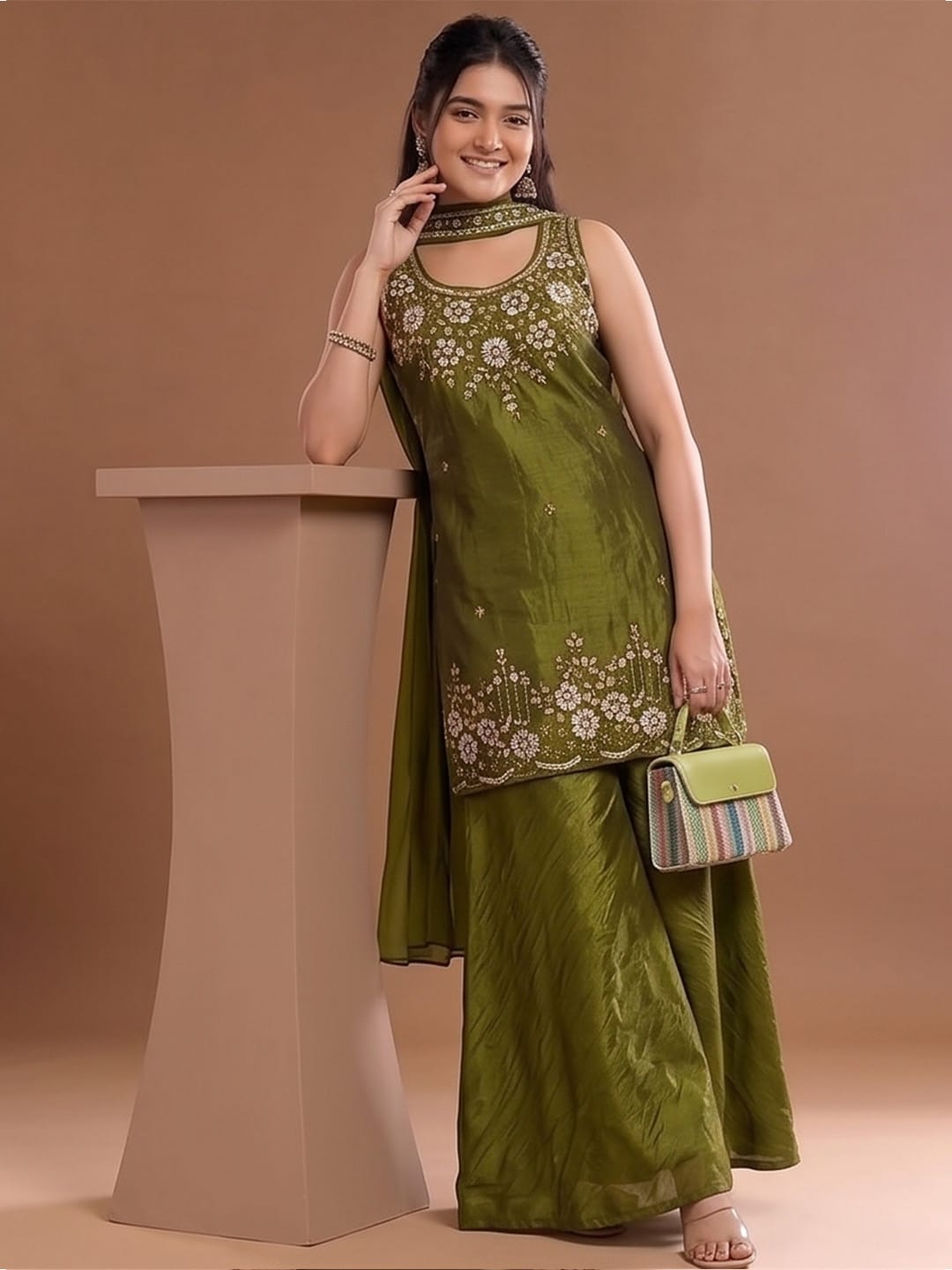 Round Neck Embroidered Kurta Set Featuring Zari And Sequin Work With Flared Palazzo And Embellished Dupatta