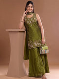 Round Neck Embroidered Kurta Set Featuring Zari And Sequin Work With Flared Palazzo And Embellished Dupatta