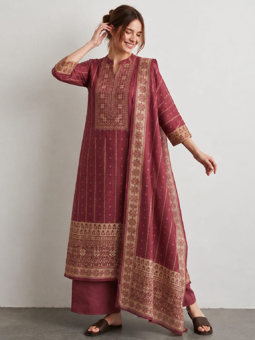 The Mauve Stripe Floral Kurta Set