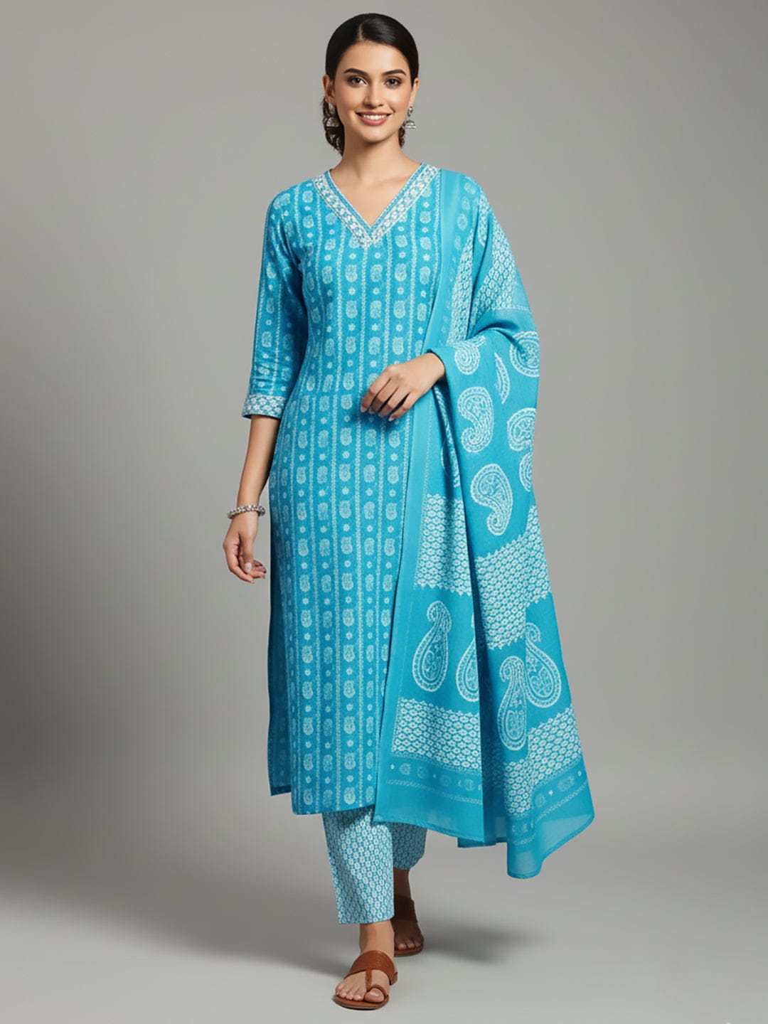 Varanga Women Floral Printed V Neck Kurta with Trouser & Dupatta