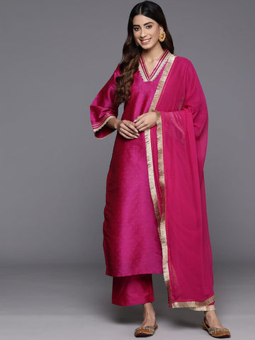 Varanga Women Fuchsia Zari Embroidered Kurta Paired With Bottom And Dupatta