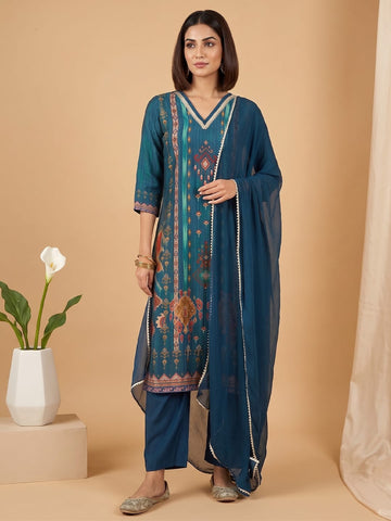 Varanga Women 3-Piece Blue Ikat-Printed Kurta Set With Solid Trousers And A Lace-Trimmed Dupatta