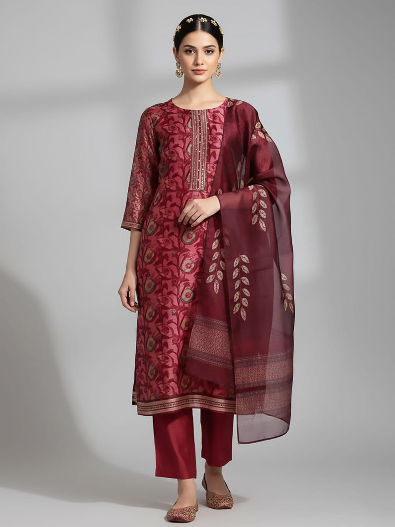 Varanga Women Maroon Floral Printed Kurta, Round Neck Straight Kurta Paired With Tonal Bottom And Printed Dupatta.