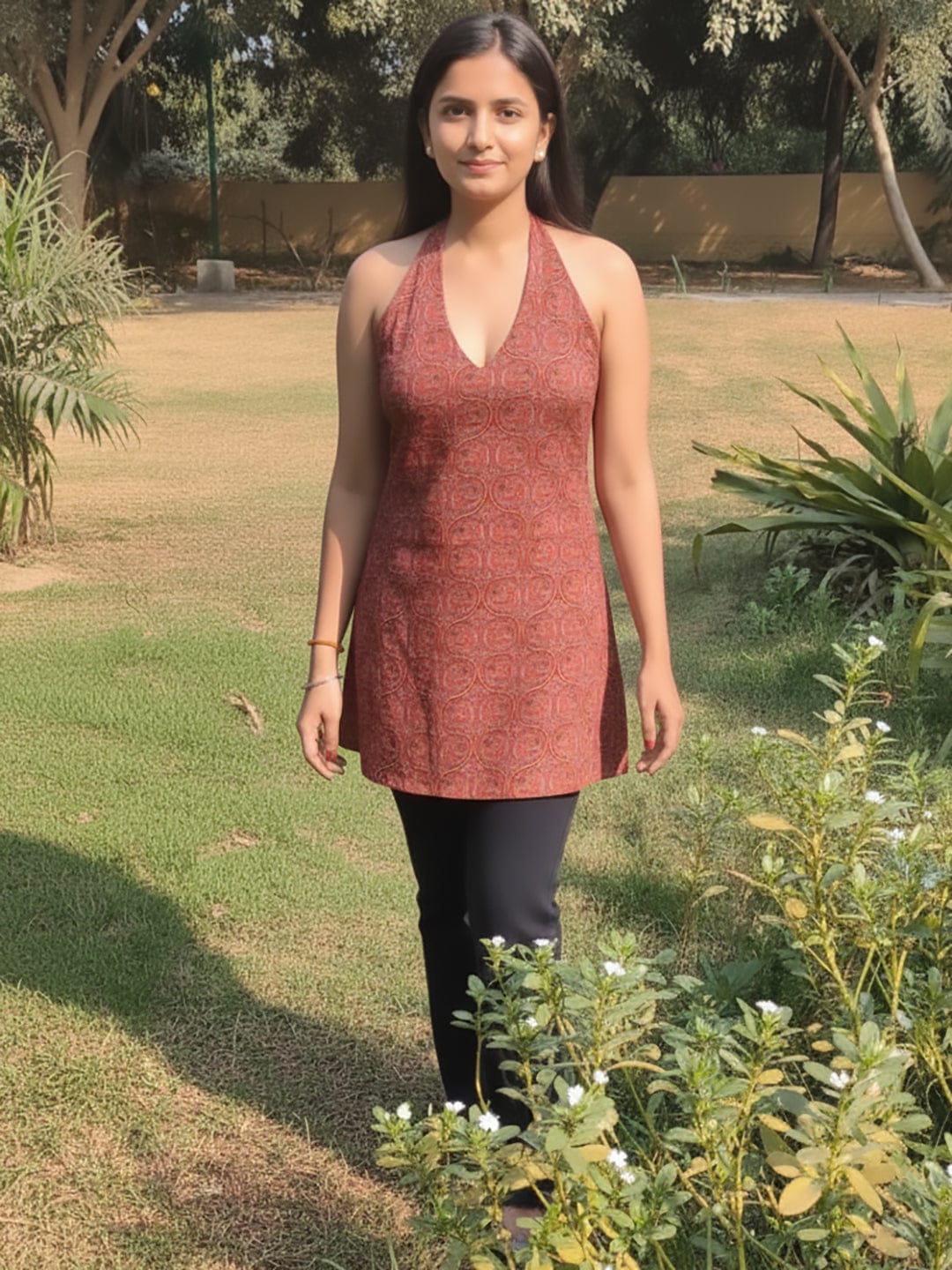 Rust Ajrakh Halter Neck With Crisscross Back Kurti