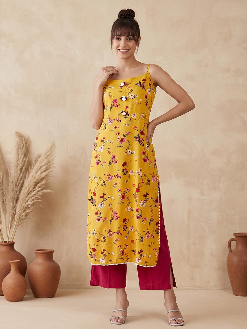 Varanga Mustard And Pink Printed Strap Kurta