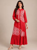Crimson Red Embroidered Dress Featuring Bold Spiral Thread Work