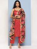 Varanga women red strap style kurta with straight pant and digital printed dupatta
