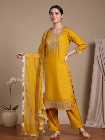 Varanga Zari embroidered yoke Kurta With trouser and Dupatta