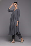 Varanga Women Grey Empire Gathered Details A-Line Kurta Paired With Tonal Bottom
