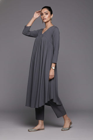 Varanga Women Grey Empire Gathered Details A-Line Kurta Paired With Tonal Bottom
