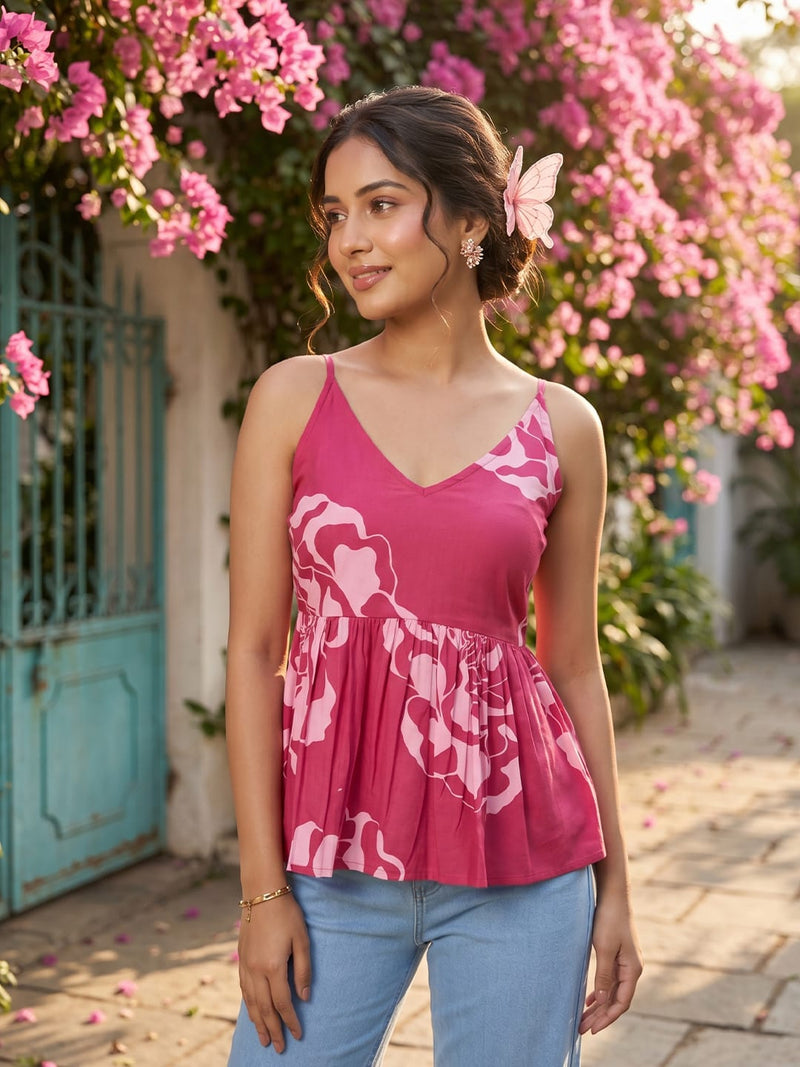 Varanga Fuchsia & Pink Floral Babydoll Top With Gathered Waist