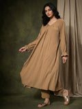 Varanga Women Beige Colour, Bishop Sleeve A-Line Kurta Paired With Tonal Bottom