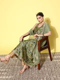Varanga Women Green Floral Printed Sequinned Silk Anarkali Kurta With Dupatta