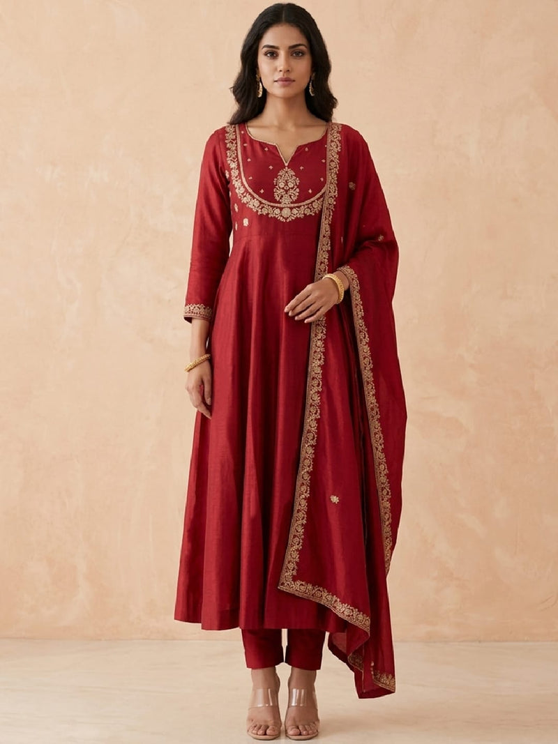 Women's Zari Splendour Maroon Embroidered Anarkali Set