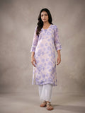 Varanga Women Lavender Floral Printed V- Neck Three Quarter Sleeve Straight Kurta.