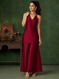 Women'S Wine-Red Jacquard Halter Neck Kurta And Palazzo Set For Festive Wear.