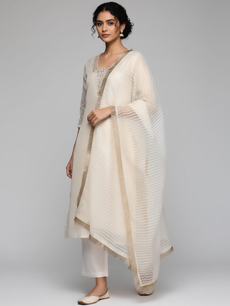 Varanga Women Off White Zari Embroidered And Sequinned Kurta Set With Dupatta