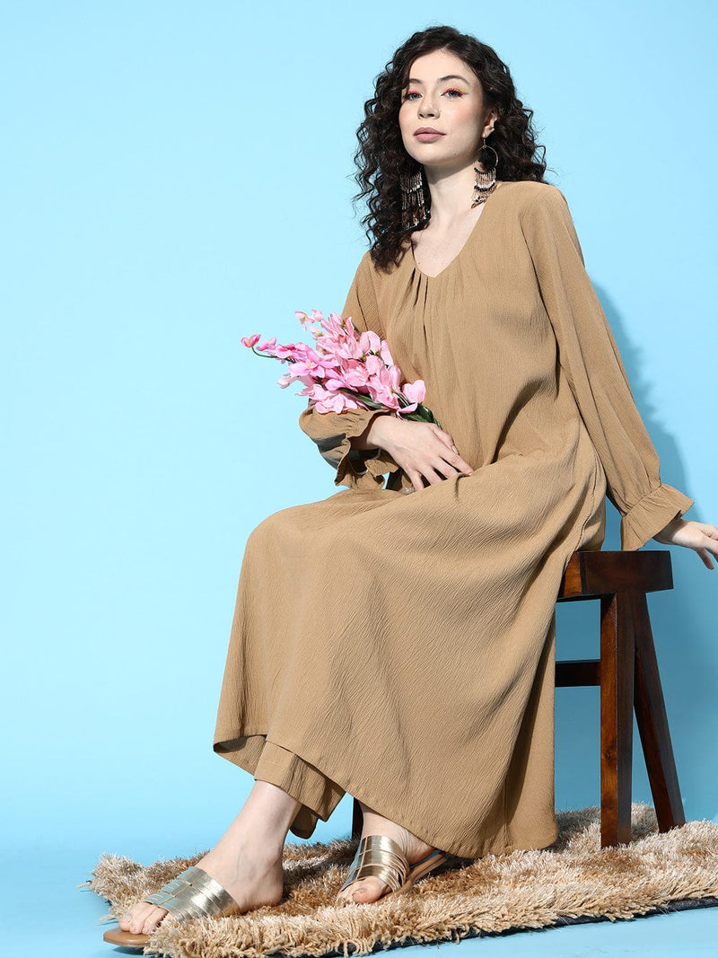 varanga beige solid empire v neck kurta with trousers