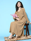 varanga beige solid empire v neck kurta with trousers