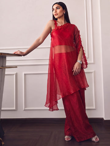 Ruby Red One-Shoulder Cape Co-Ord Set With Floral Lace Detailing