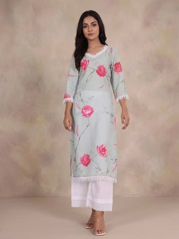 Varanga Women Floral Printed Lace Detail Straight Kurta