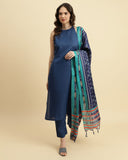 varanga blue women round neck kurta with trousers with dupatta
