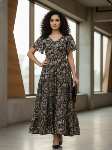 Varanga Women's Ethnic Floral Printed Brown Flared Dress featuring a V-Neck and Flared Sleeves.