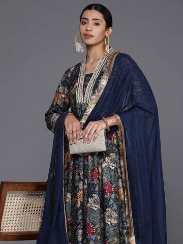 Varanga Navy Blue Floral Printed Gotta Patti Anarkali Kurta with Dupatta