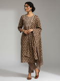 Brown Ethnic Jaipuri Printed Thread Embroidered Kurta With Trouser & Dupatta
