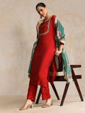 Varanga Women Maroon Yoke Design Kurta with Trousers & With Dupatta