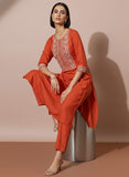 Rust Orange Embroidered Flared Flex Kurti