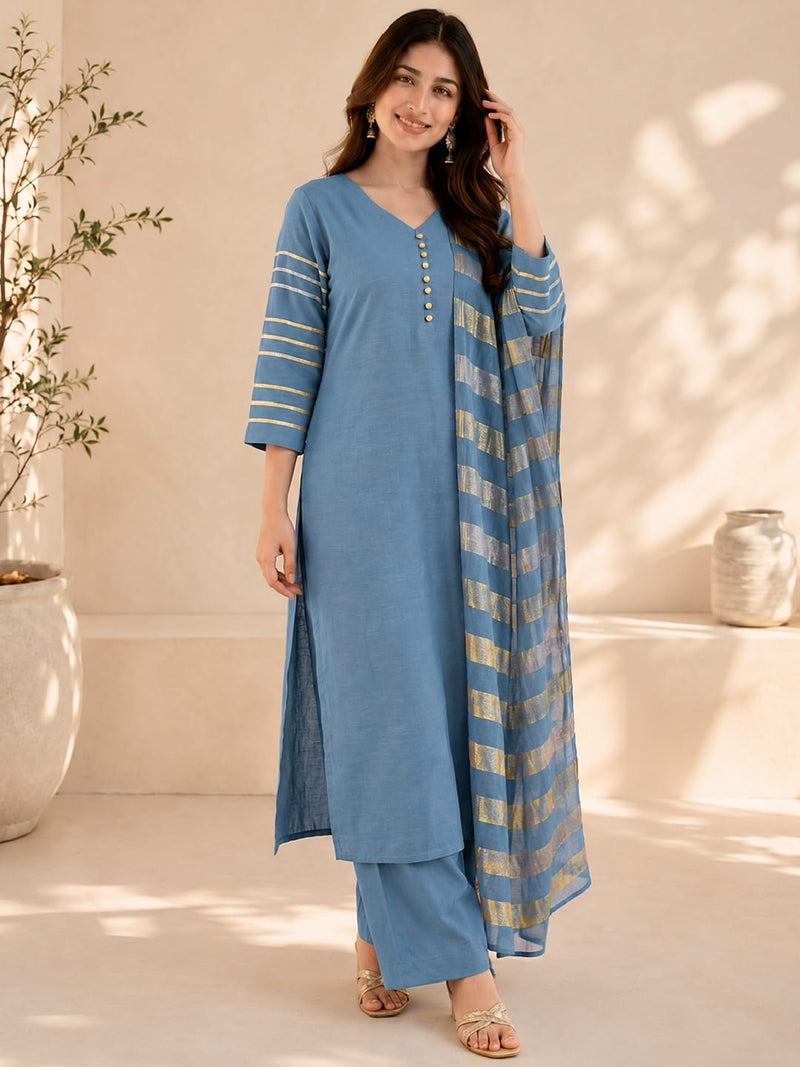 Grey Kurta Set Paired With A Shimmering Striped Dupatta