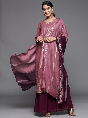 Varanga Burgundy Women Embroidered Sequinned Kurta With Sharara & Dupatta