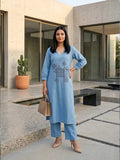 Glass Neck Blue Kurta Set In Cotton