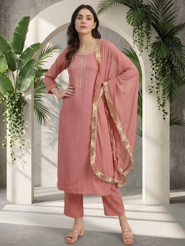 Varanga Women Mauve Straight Kurta With Tonal  Ottom & Dupatta