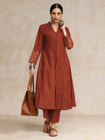 Black Mandarin Witn V Neck Anarkali Front Slit Detailing With Trouser