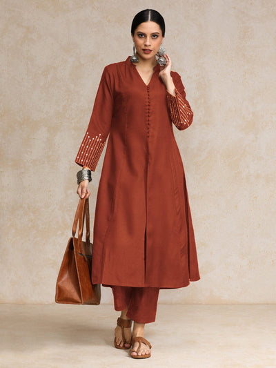 Black Mandarin Witn V Neck Anarkali Front Slit Detailing With Trouser