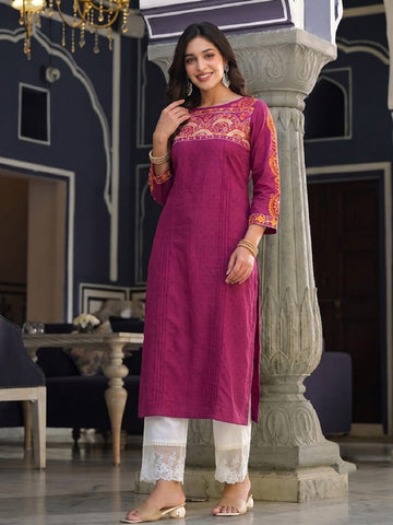 Women's Purple Yoke Embroidered Straight Kurta
