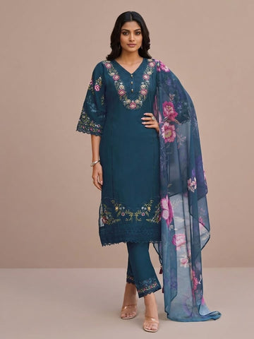 Varanga Women Floral Heavy Thread Embroidered Schffili Hem Kurta With Trouser & Dupatta