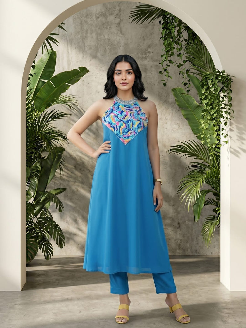 Varanga Women Halter Neck Blue Sleeveless Flared Kurta Paired With Tonal Bottom