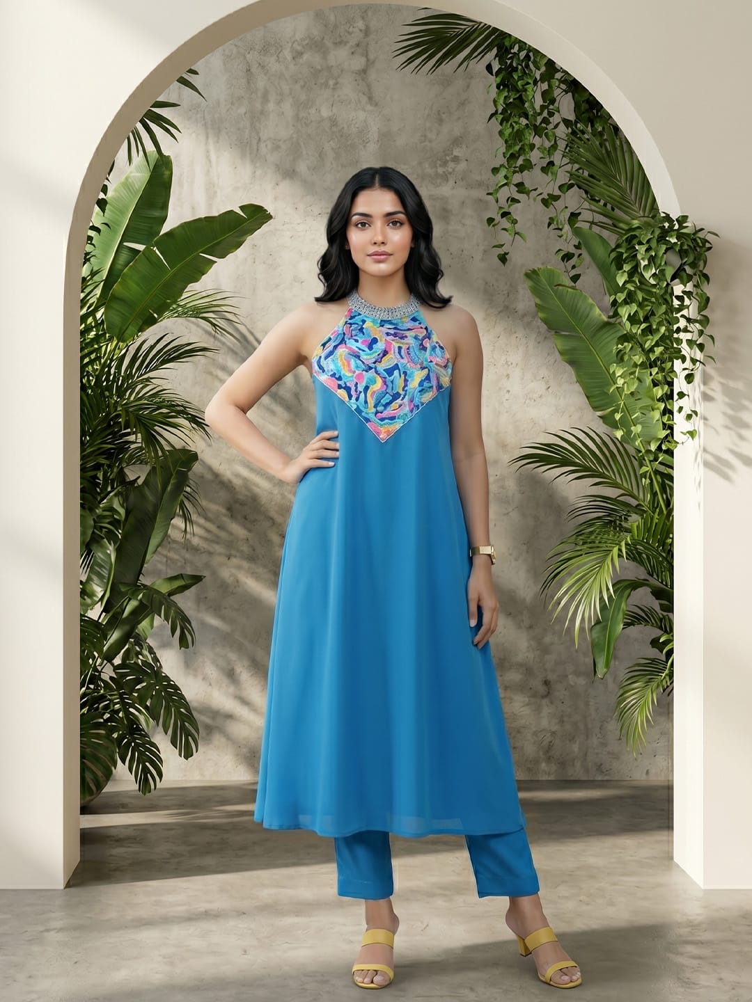 Varanga Women Halter Neck Blue Sleeveless Flared Kurta Paired With Tonal Bottom