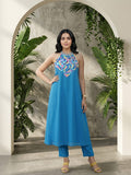 Varanga Women Halter Neck Blue Sleeveless Flared Kurta Paired With Tonal Bottom