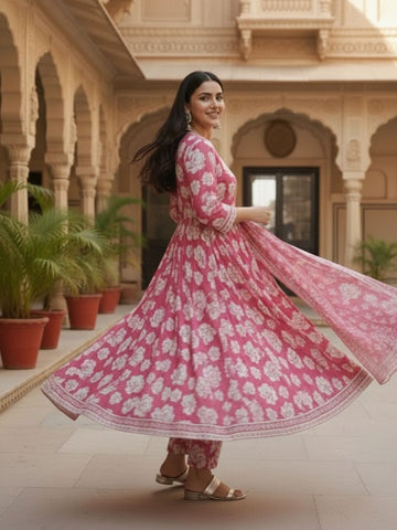 Blooming Fuchsia Hand-Block Print Cotton Anarkali Set