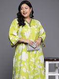 Varanga Women Plus Size Lime Green Floral Printed Kurta With V Neck And Three Quarter Bell Sleeves Pl24 Vkur1071