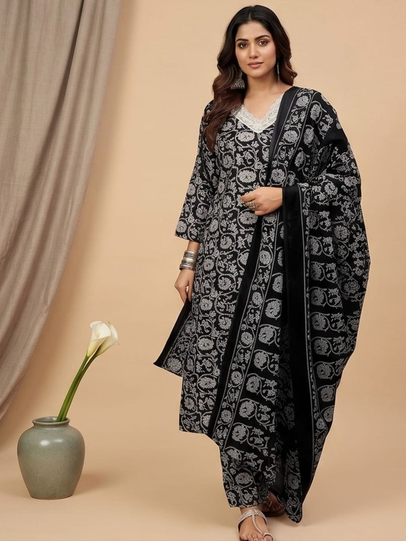 Varanga Women V-Neck Black Kurta Set With Dupatta