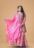 Varanga Women Pink Floral Printed Mirror Work Anarkali Kurta With Sharara And Dupatta