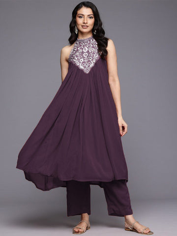 Varanga Women Halter Neck  Zari And Sequence Embroidered Sleeveless Flared Kurta Paired With Tonal Bottom