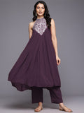 Varanga Women Halter Neck  Zari And Sequence Embroidered Sleeveless Flared Kurta Paired With Tonal Bottom