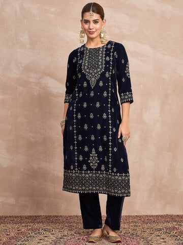 Velvet  Kurta Set , Paired With Trousers, And A Printed Velvet Dupatta