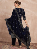 Velvet  Kurta Set , Paired With Trousers, And A Printed Velvet Dupatta